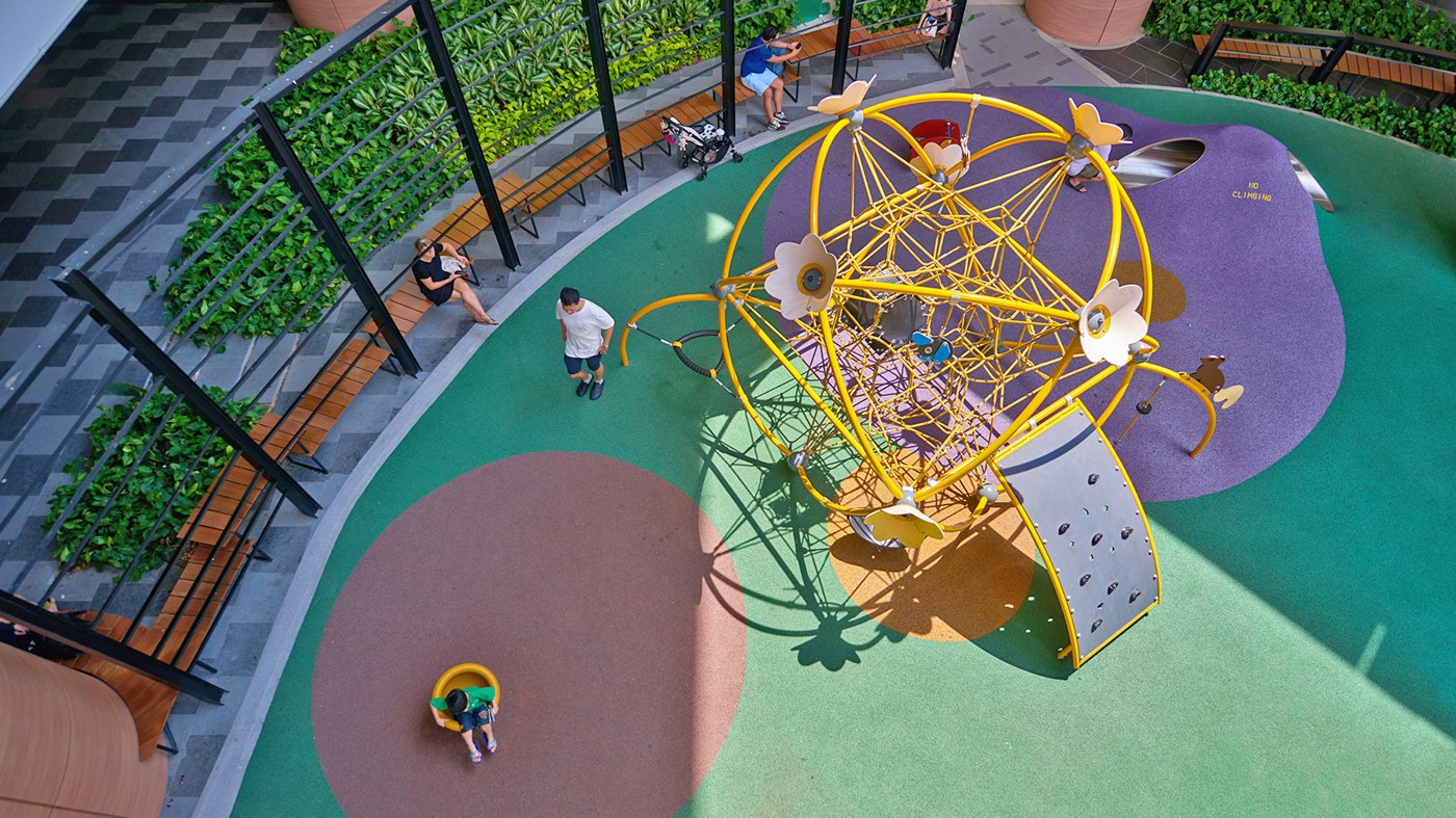 Flower-shaped climbing sphere at Aperia Mall
