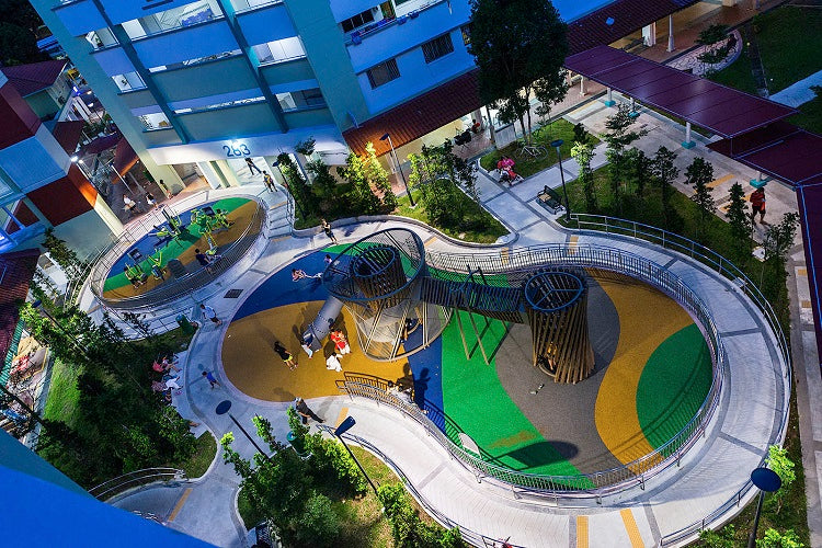 Aerial view of the rope climbing playground and green and yellow play surface at Block 283 Bukit Batok East Avenue 3, in a photo published in 2019.