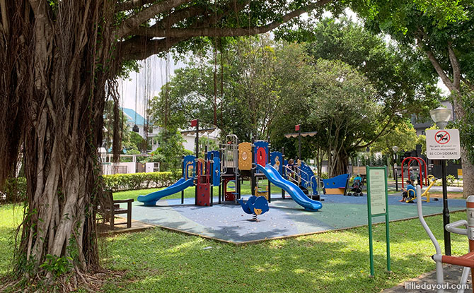Ship-themed playground with blue slides at Coronation Park, from an article published in 2021.