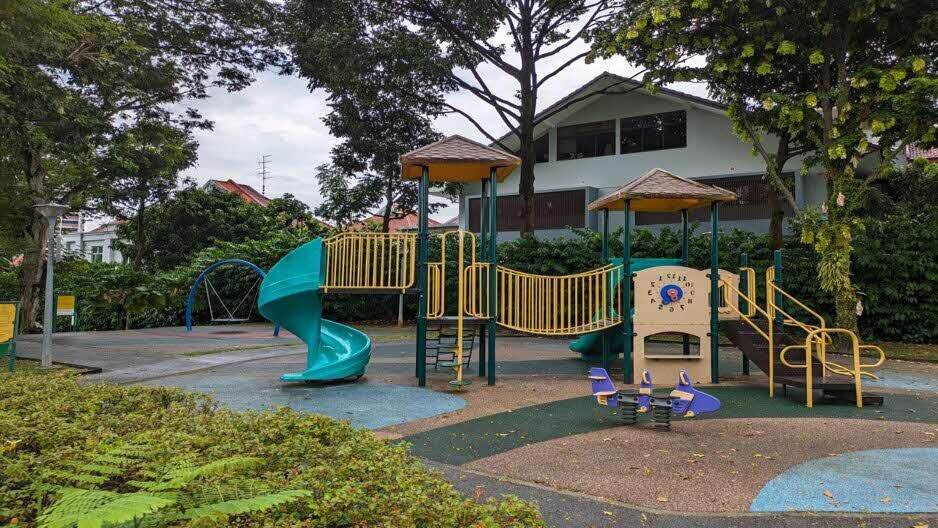 Slides and climbing bridge at King’s Drive Playground