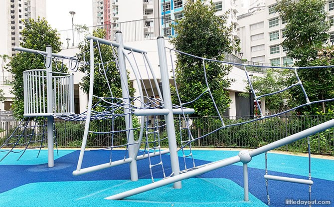 Ship-shaped rope climbing frame on blue surfacing at Northshore StraitsView.