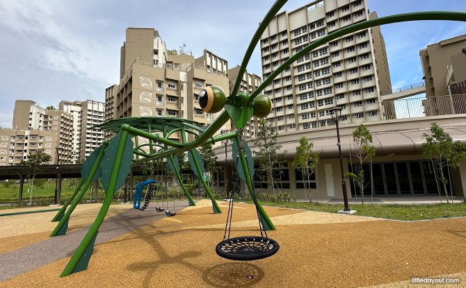 Giant green leaf-insect climbing arches and basket swing at Tengah's Leaf Insect Playground