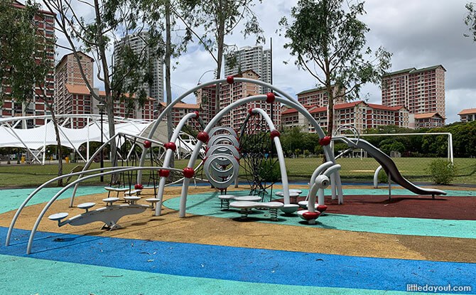 Steel climbing structure and slide at Bishan Active Park Playground